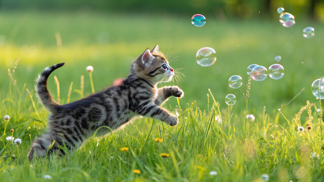 Playful tabby kitten chasing colorful soap bubbles in sunny green grass outdoor