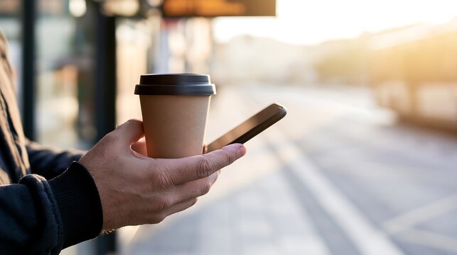 Person holding coffee and smartphone at bus stop