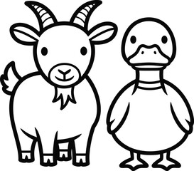 Obraz premium Friendly goat and duck cartoon characters standing side by side