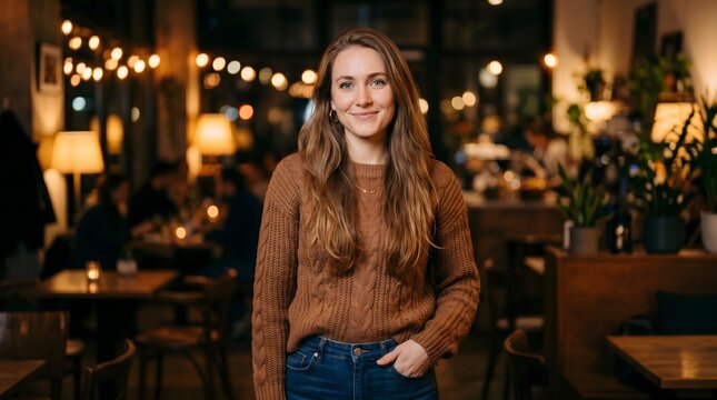 Smiling female business owner or patron in a cozy local pub setting. Rustic interior with glowing string lights and relaxed vibe.