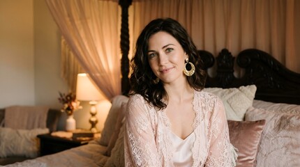 Fototapeta premium Portrait of an attractive smiling woman wearing delicate nightwear in a cozy, romantically lit bedroom with fairy lights.