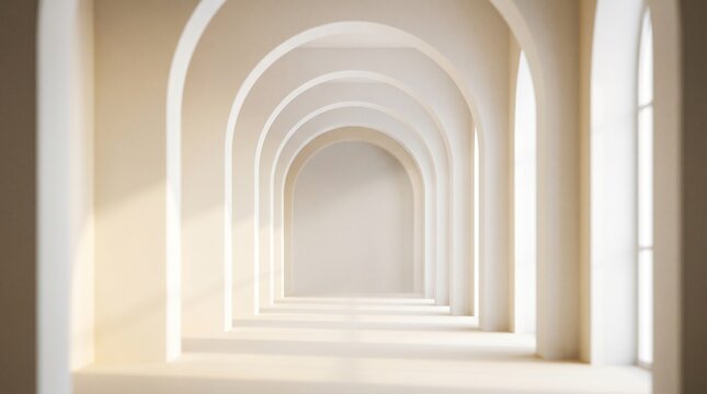 Minimalist architectural interior with rhythmic white arches and soft warm sunlight creating elegant shadows and spatial perspective