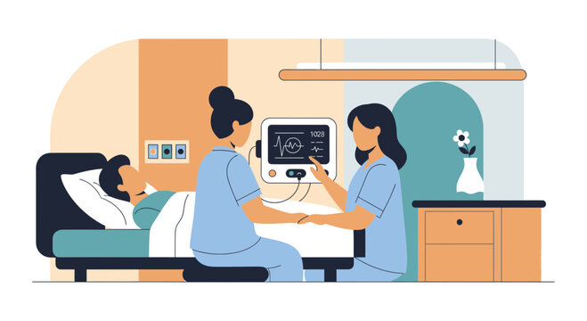 Nurses monitor patient vital signs in hospital room with advanced medical equipment