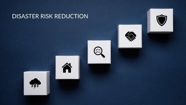 Disaster risk reduction steps shown on white blocks with icons on blue background