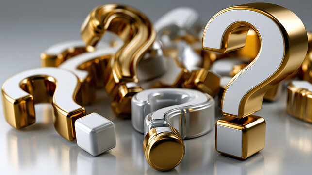 Question mark gold silver 3d symbol curiosity confusion mystery shiny closeup mixed gold and silver question mark symbol background with shiny metallic reflection creating abstract curiosity
