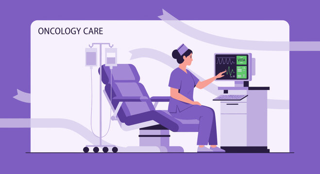 Oncology Nurse Monitors Patient Vital Signs on Screen in Chemotherapy Treatment Room