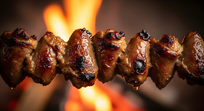 Sizzling Brazilian Chicken Hearts Skewer Coracao de Frango on Barbecue