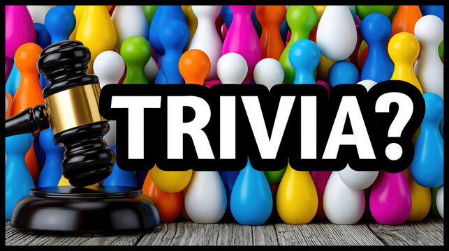 Trivia question game concept with colorful pawn figure background and wooden table surface, black border and judge gavel foreground create playful quiz chaos vibe