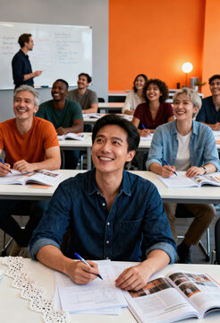 Diverse adult students sitting at desks in a bright classroom for lifelong learning, professional development and continuing education advertising campaigns