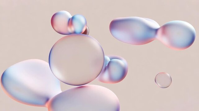 Floating glossy pastel blobs in smooth abstract style on light background, concept of fluidity and modern softness