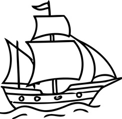 Sailing Ship Silhouette: Vintage Vessel on Water, Nautical Line Art © avocado