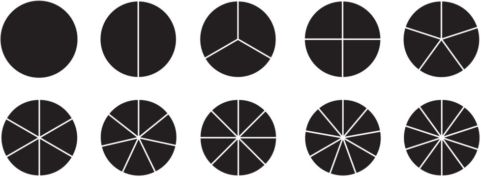 Circle divides on 1 to 9 equal parts. Wheel round diagram part symbol. Infographic element round shape, Circle semicircle quarter shapes. Black segmented circle set