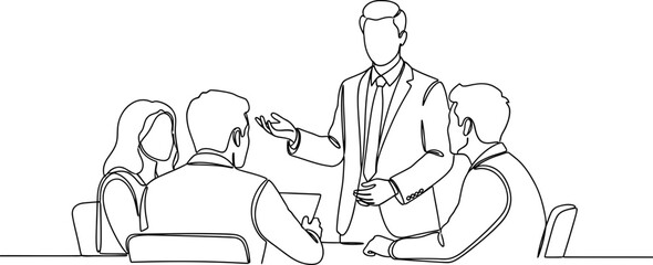 Business meeting, team discussion, leader presenting ideas, continuous line art © bayu