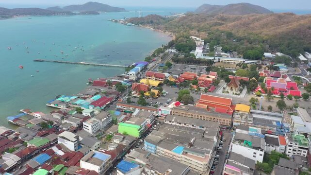 Aerial footage of Sattahip district located in Chomburi province.
