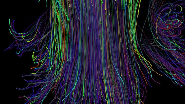 Colorful vertical fiber-optic strands and swirling lines forming an abstract digital network on a black background. Data visualization concept with data as streaks an line streams