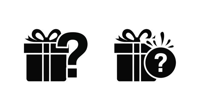 Gift box icons with question marks on white background Keywords: gift, present, box, surprise, mystery, question mark, icon, symbol, graphic, illustration, design