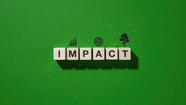 The word IMPACT with icons on a green background represents environmental sustainability.