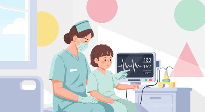Nurse monitors child's vital signs on EKG machine in a bright, colorful hospital room