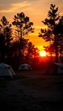 Camping Tents at Sunset in Pine Forest