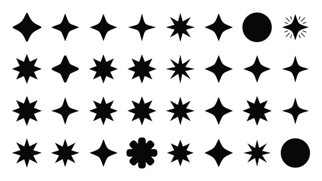 Star icons, geometric shape symbols, black sparkles, diamond silhouettes, circle elements, twinkling decorative vector design.