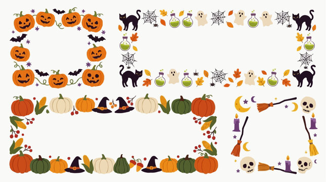 Halloween themed borders and frames collection with pumpkins, bats, ghosts, black cats, witch hats, and potions Isolated on white background