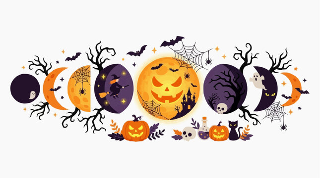 A mystical Halloween moon cycle with spooky elements like pumpkins, ghosts, bats, and cobwebs, creating a festive and eerie atmosphere. Isolated on white background