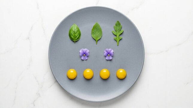 Microensalada desestructurada con flores comestibles y esferificaciones dispuestas en una composici&oacute;n geom&eacute;trica