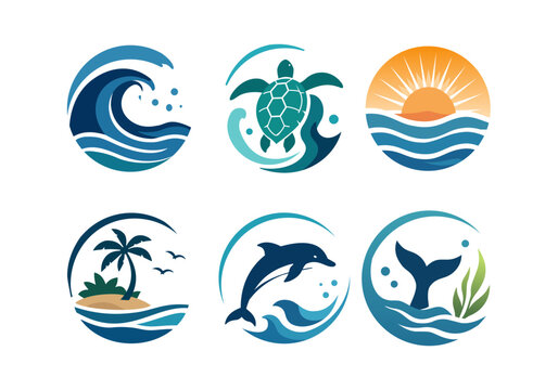 Ocean and Marine Nature Logo Collection with Wave  Turtle  Dolphin  Whale Tail  Sunset and Tropical Island Vector Set