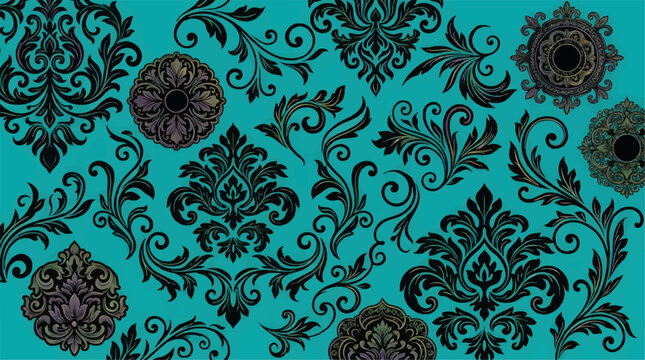 Ornate Black Damask Ornamental Elements and Flourishes on Teal Background, Vector Illustration with Vintage Baroque Style Motifs, Decorative Swirls and Medallions