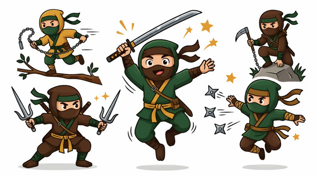 Cute Cartoon Ninjas in Dynamic Poses with Weapons, Flat Vector Illustration Style, Action and Combat Elements, Isolated on White Background with Copy Space