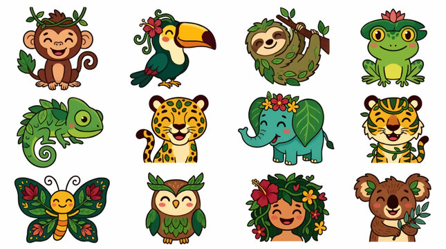 Cute Cartoon Jungle Animals Collection: Monkey, Toucan, Sloth, Frog, Chameleon, Jaguar, Elephant, Tiger, Butterfly, Owl, Girl, Koala, Vector Illustration
