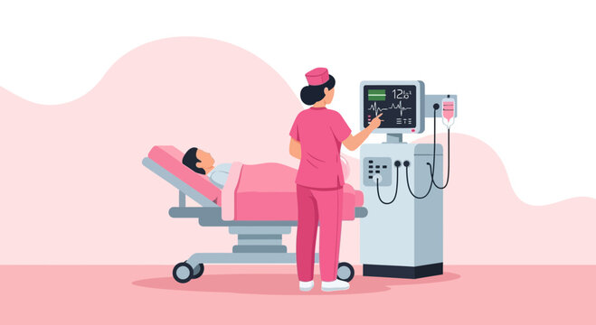 Nurse monitors patient on hospital bed with vital signs monitor in modern clinic