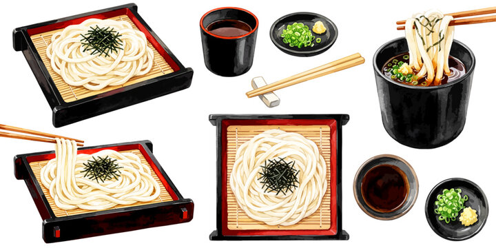 せいろざるうどんのイラストセット,水彩風の冷やしうどんともりうどん、お箸の箸上げと薬味ネギ・生姜素材集,手描きベクター,和食麺類