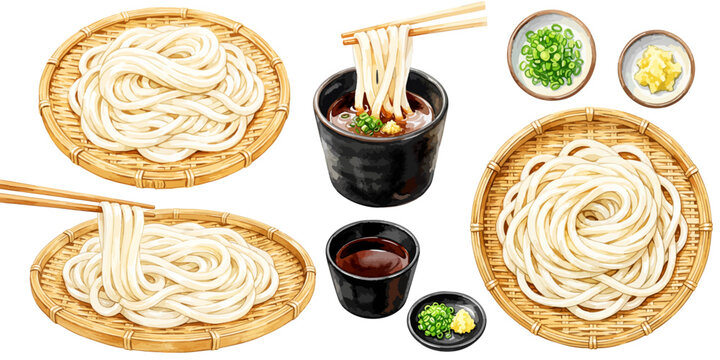 ざるうどんのイラストセット,水彩風の冷やしうどんとめんつゆ、お箸の箸上げと薬味ネギ・生姜素材集,手描きベクター,和食麺類