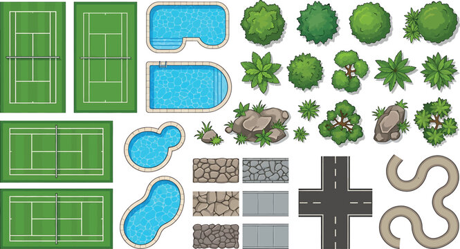 Top view set of tennis courts, swimming pools, trees, rocks, and road elements isolated on white background