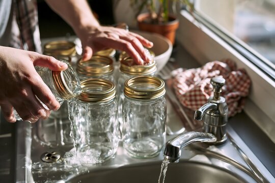 Person rinsing glass jars under running water in kitchen sink