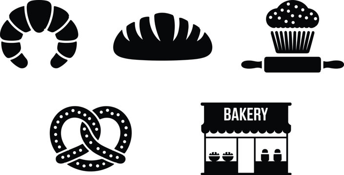 Black silhouettes of bakery icons including croissant, bread, muffin, pretzel, and storefront design