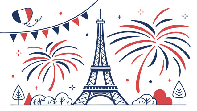 Bastille day celebration with eiffel tower fireworks french flags and festive decorations representing national pride culture and holiday spirit