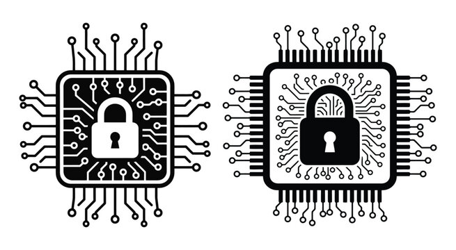 Cybersecurity Chip With Padlock Black And White Vector Illustration circuit