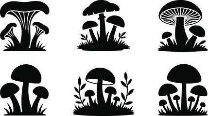Naklejka premium Black silhouettes of mushrooms with varied caps and stems for nature and design projects