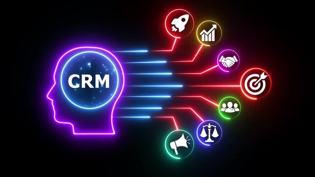 Crm with business icons on human head with neon light.