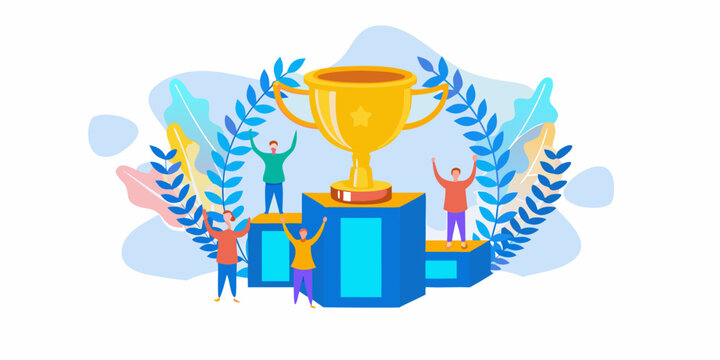 Isometric Illustration Of A Golden Trophy With Celebrating People