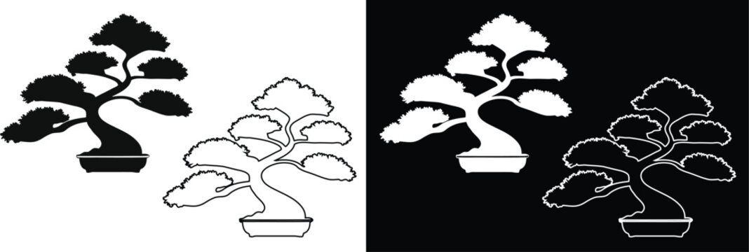 Classic Japanese juniper bonsai tree collection featuring minimalist silhouette and outline vector illustrations