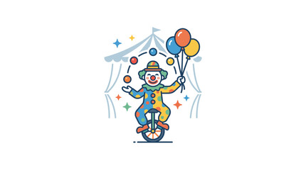 Juggling clown riding a unicycle with colorful balloons. © ktp
