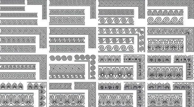 Ancient greek border patterns and corner ornaments set with meander, wave, and palmette decorative elements
