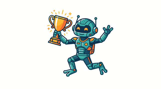 Joyful small green robot celebrating victory with gold trophy