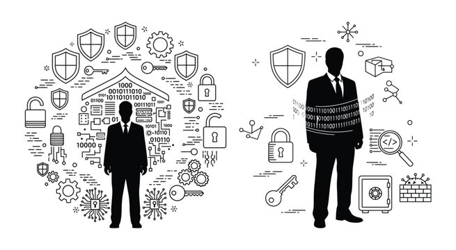 Silhouettes Of Two Men Surrounded By Cybersecurity Vector Graphics On White