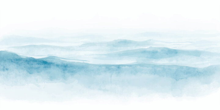 Abstract light blue watercolor ocean wave background with soft ink wash texture, misty white horizon, flowing aqua sea layers, blue paint splashes and delicate artistic strokes in a serene coastal lan