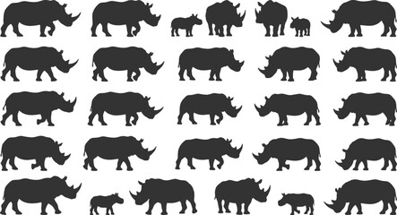 Obraz premium Collection of black rhinoceros silhouettes on white background various poses and sizes