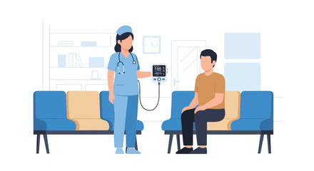 Fototapeta premium Nurse checks patient's blood pressure in clinic waiting room, vital signs monitoring concept